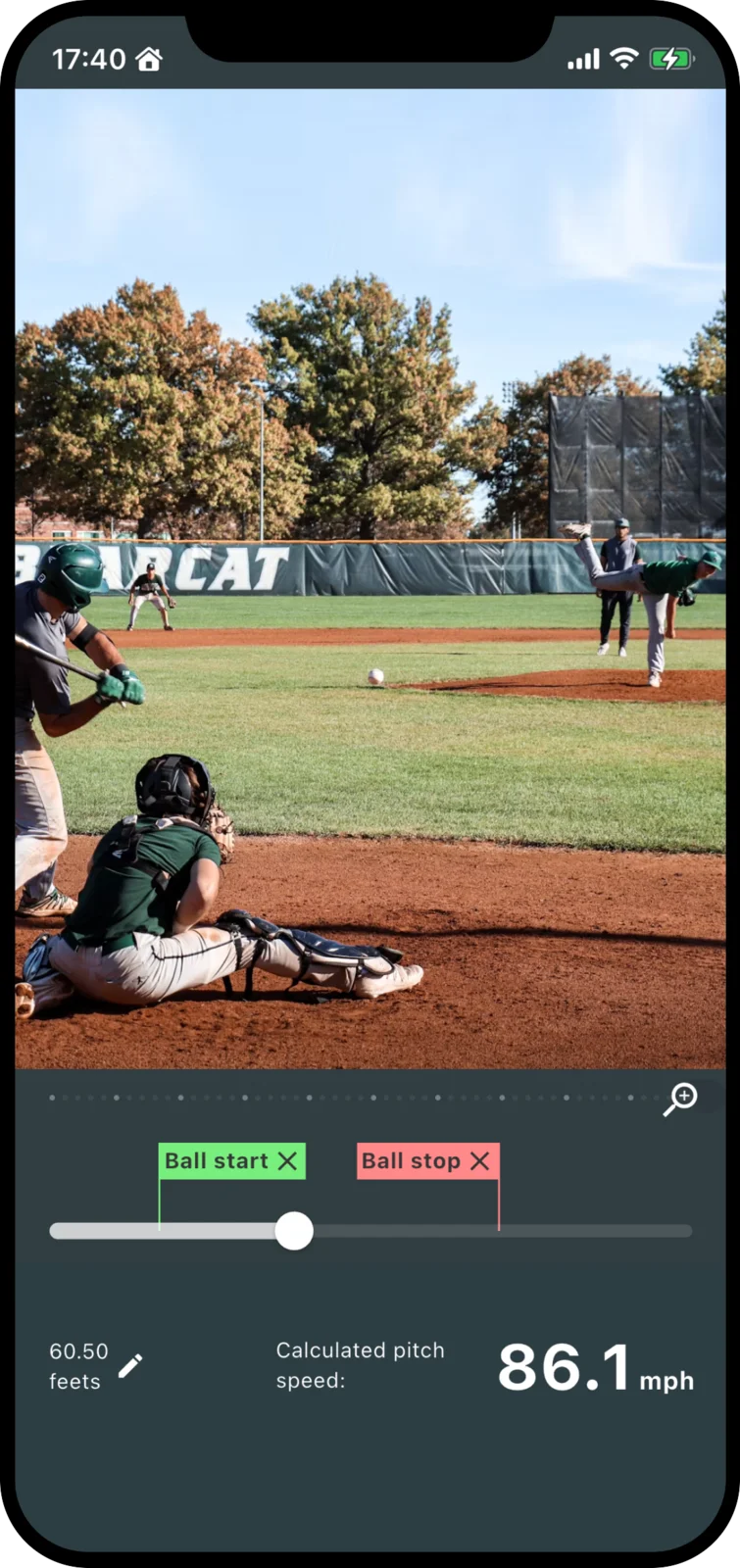 Baseball Speed app screenshot showing a pitch measured from video at 86.1 mph
