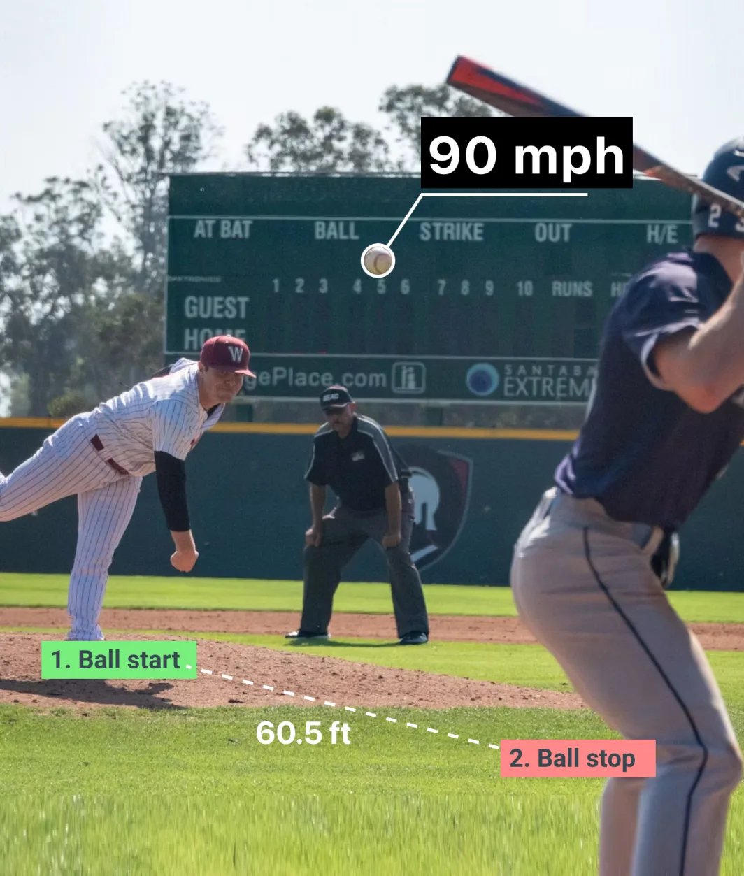 Baseball Speed app tracking a pitch over 60.5 feet from release to the plate and calculating 90 mph